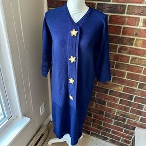 Jewel-tone Blue Midi Dress Gold Star Button Steve Fabrikant 80s Lightweight Wool